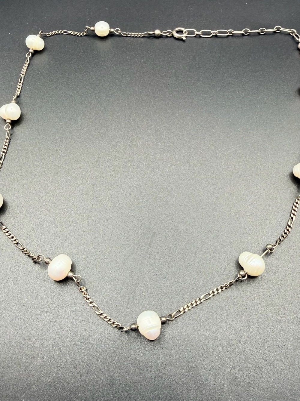 Vintage Sterling Silver 925 Freshwater Pearls Figaro Necklace 17” Womens Jewelry